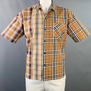 BEAMS HEART Size L Brown Black White Plaid Cotton Blend Snaps Short Sleeve Shirt